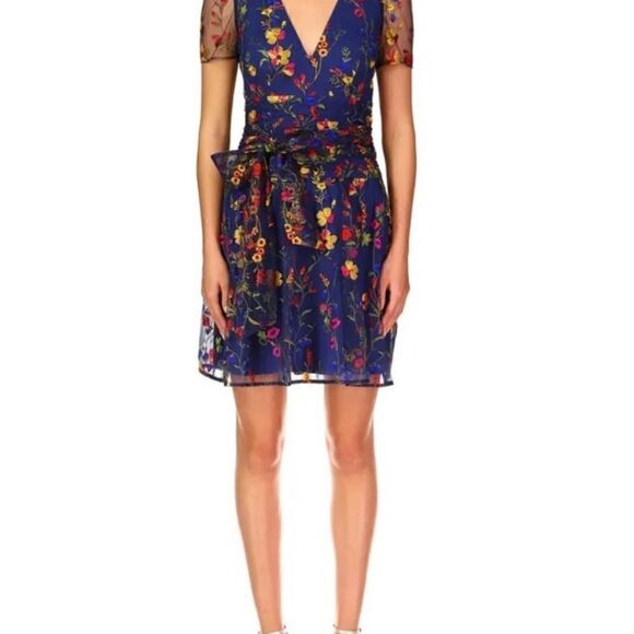 ML Monique Lhuillier Embroidered Mesh Puff Sleeve Cocktail Dress in Blue NWOT Si